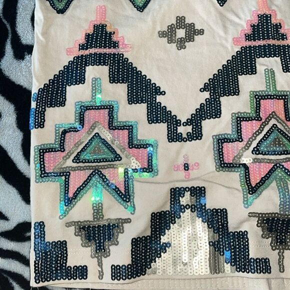 3/$15Express colorful sequin geometric Aztec print strapless mini dress XS - Picture 5 of 11
